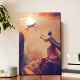 Christian wall art of lamb jumping to Jesus, faith-based canvas inspired by Luke 15, gift of comfort.