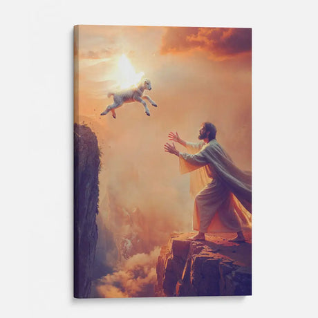Luke 15 inspired Christian gift, Jesus catching lamb canvas, perfect for comfort and spiritual hope.