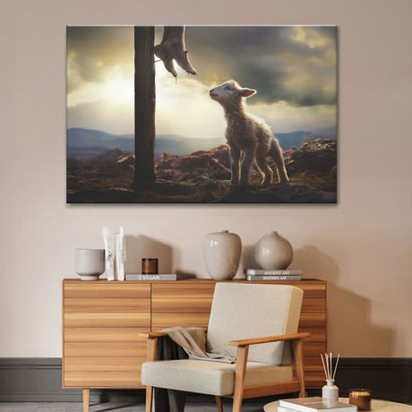 Inspirational Christian art with a lamb gazing at Jesus' feet, ideal for comforting wall decor during tough times.