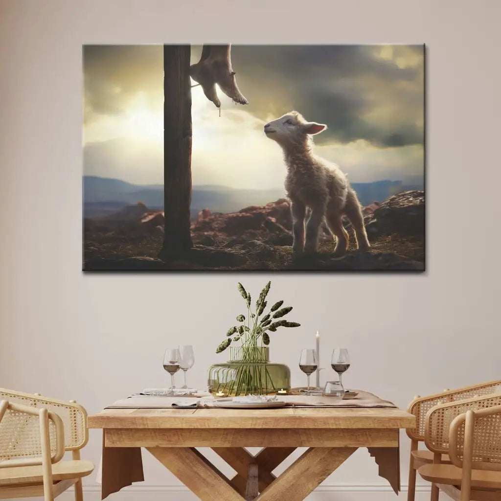 Christian wall art with lamb and Jesus, inspirational faith-based gift for Easter, baptism, or comfort.
