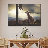 Christian wall art with lamb and Jesus, inspirational faith-based gift for Easter, baptism, or comfort.
