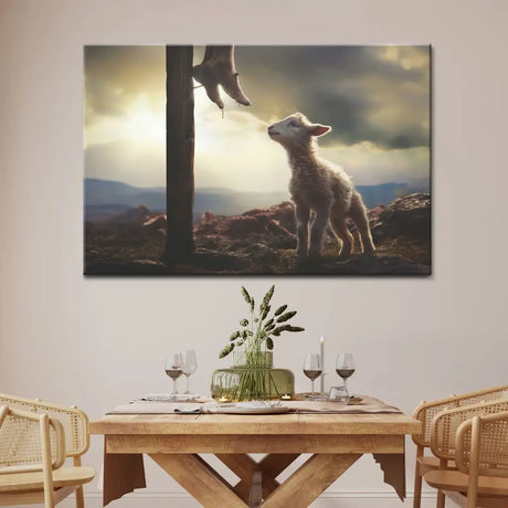 Christian wall art with lamb and Jesus, inspirational faith-based gift for Easter, baptism, or comfort.
