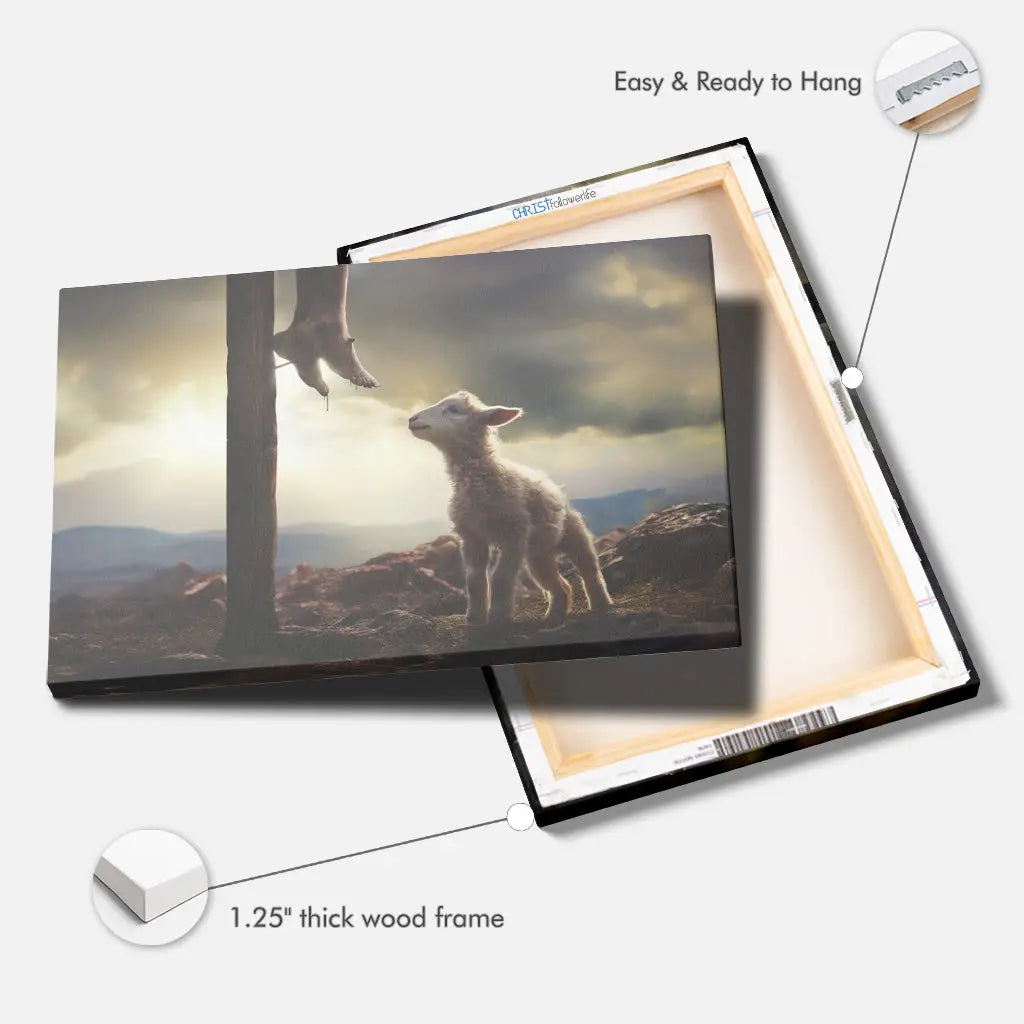 Lamb Looking Up at Feet of Jesus Wall Art Canvas