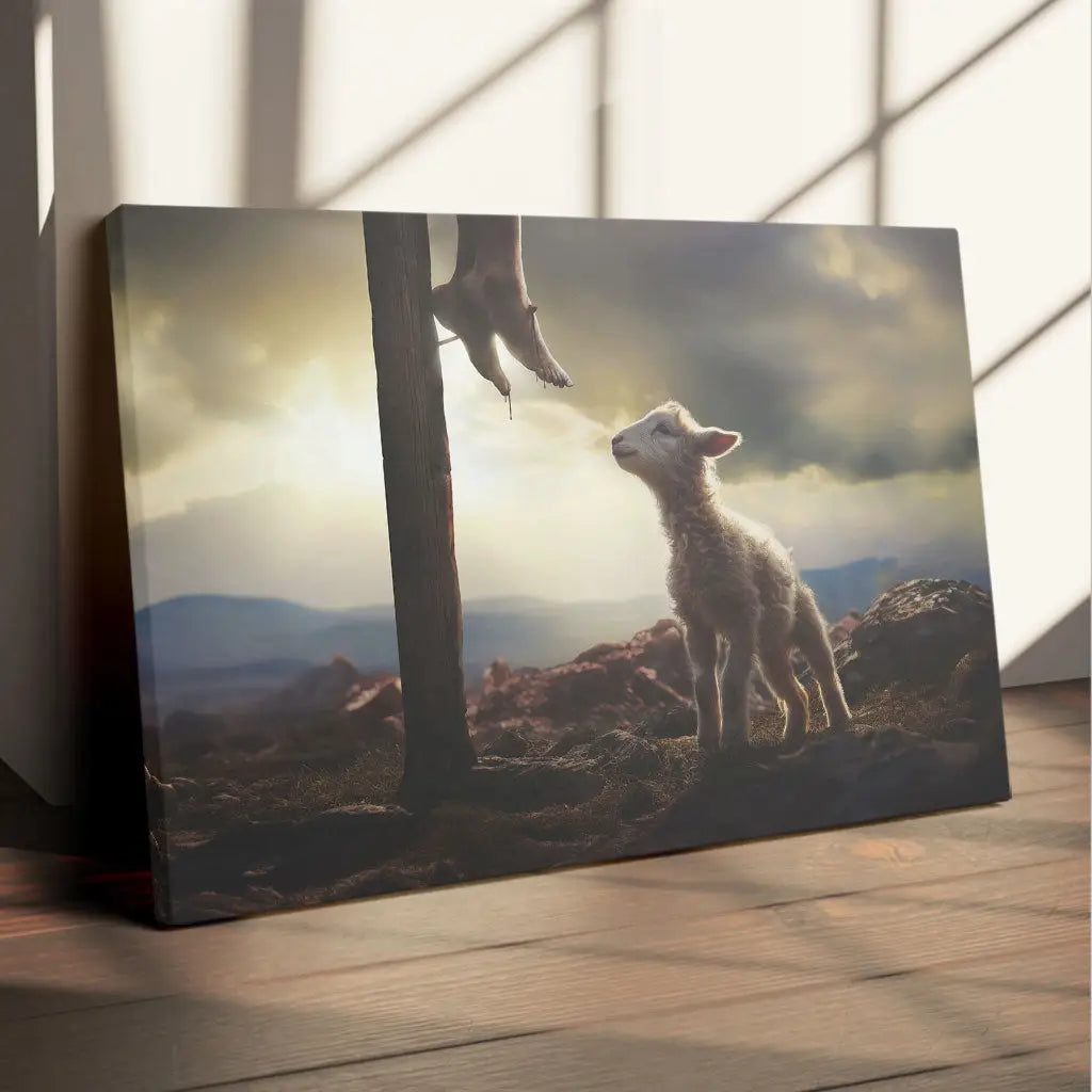 Faith-based canvas with lamb at Jesus' feet, Christian gift with scripture for children or tough times.