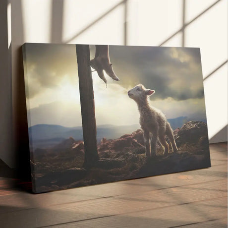 Faith-based canvas with lamb at Jesus' feet, Christian gift with scripture for children or tough times.