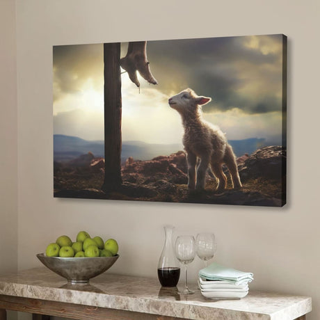 Christian wall art featuring a lamb looking up at the feet of Jesus, a heartfelt gift for Easter, baptisms, or confirmations.