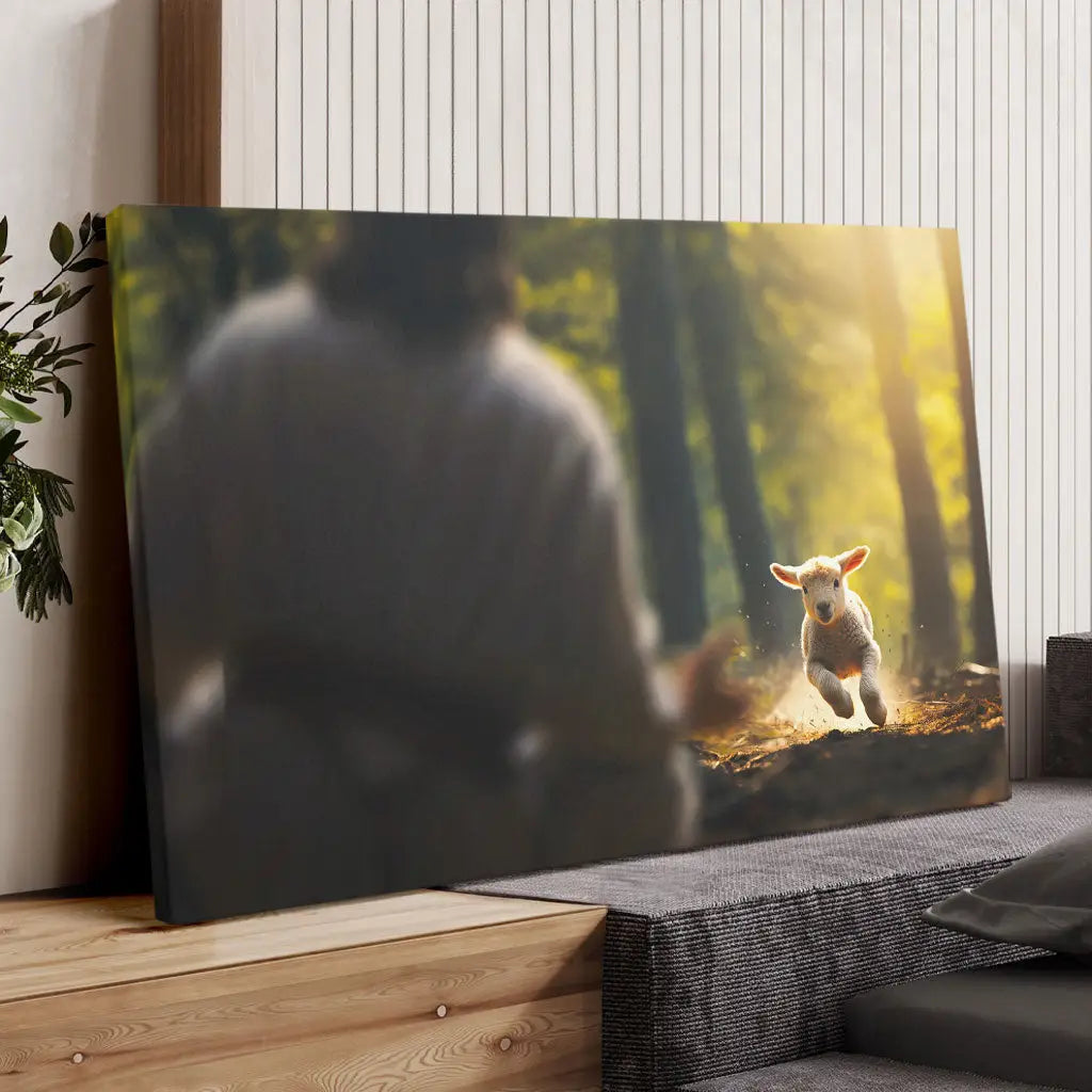 Christian Artwork displaying a lamb running toward Jesus through the forest, great religious decor for Christian homes.
