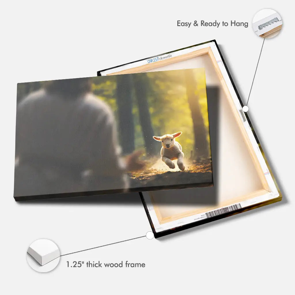 Christian canvas print featuring a lamb running toward Jesus in the forest, ideal inspirational wall art for believers.