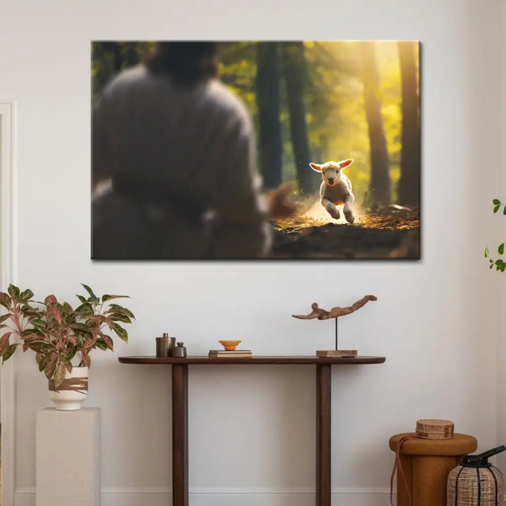 Inspirational canvas wall art of a lamb running to Jesus in the forest, ideal Christian wall art for homes.