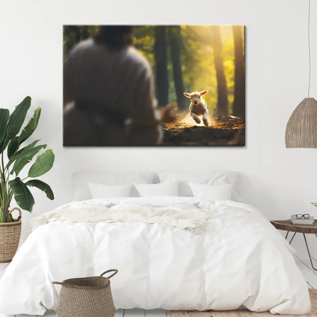 Religious wall art canvas with a lamb running to Jesus in a forest setting, perfect for faith-filled home decor.