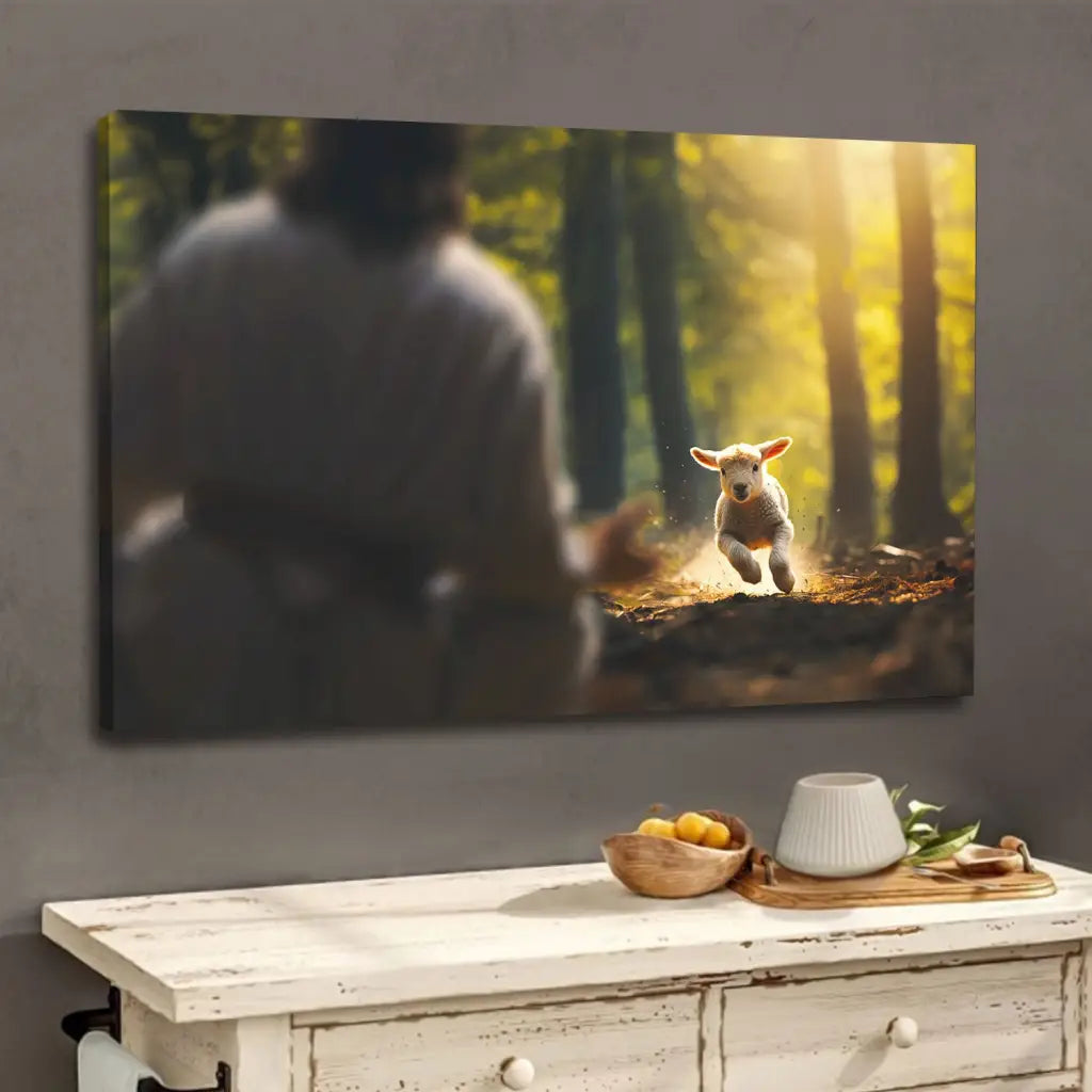 Christian wall art featuring a lamb running through the forest toward Jesus, perfect faith-based home decor.