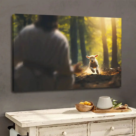 Christian wall art featuring a lamb running through the forest toward Jesus, perfect faith-based home decor.