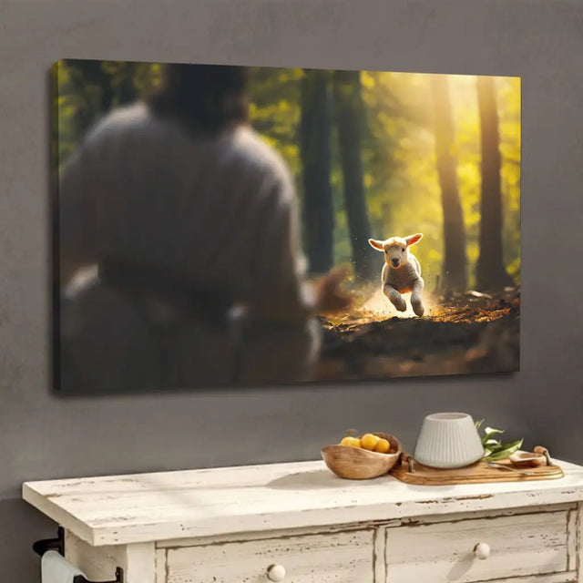 Christian wall art featuring a lamb running through the forest toward Jesus, perfect faith-based home decor.
