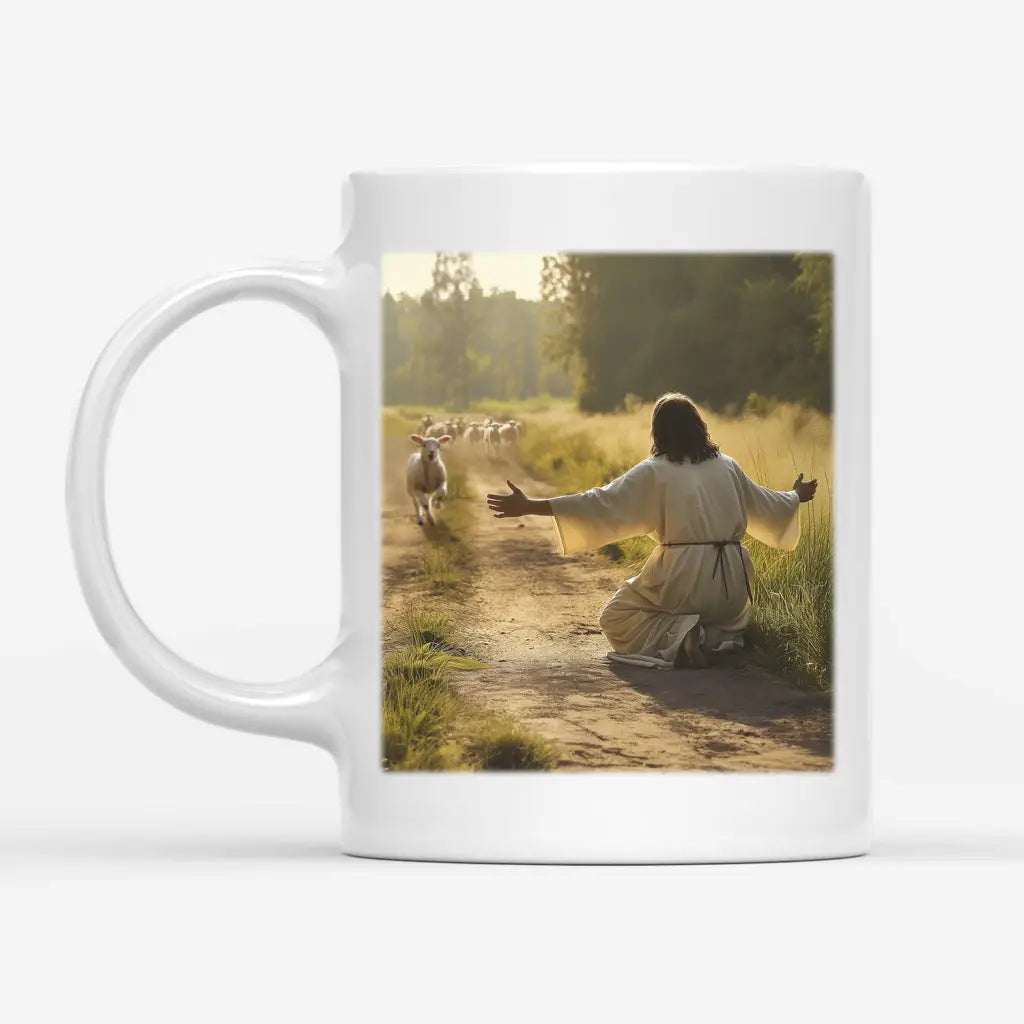 Faith-filled coffee mug of a lamb running to Jesus, ideal for religion-inspired morning moments.