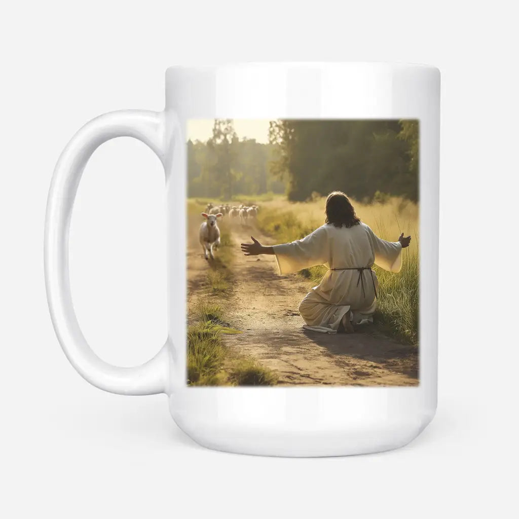 Christian Coffee mug with a lamb running to Jesus, a heartwarming Christian gift for any occasion.