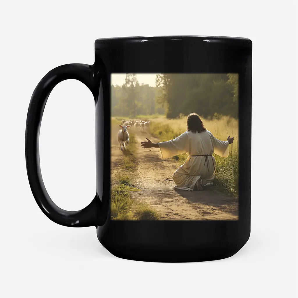 Lamb runs to Jesus coffee mug, a symbol of faith and love for your daily inspiration.