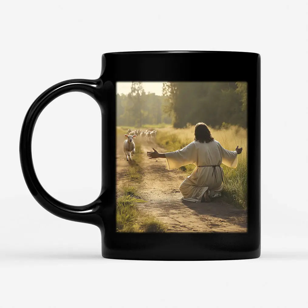 Christian coffee mug depicting a lamb running to Jesus, ideal for scripture and faith lovers.