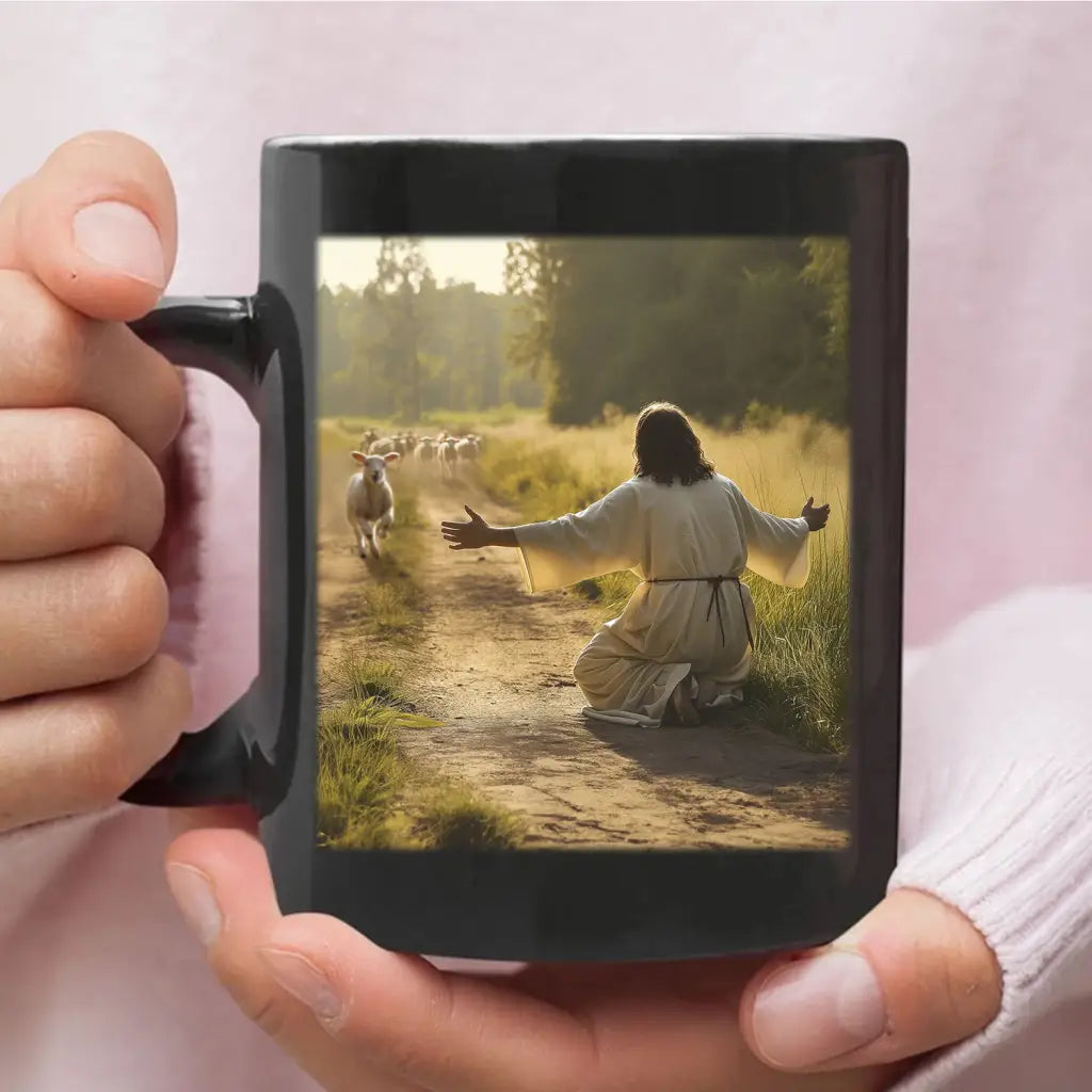 Inspirational coffee mug featuring a lamb running to Jesus, perfect for faith-filled gifts / Black.