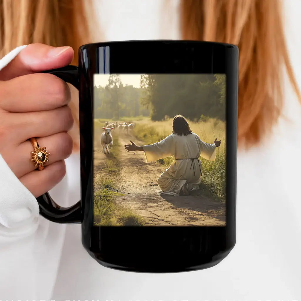 Faith-based coffee mug with a lamb running to Jesus, a meaningful Christian gift / Black.