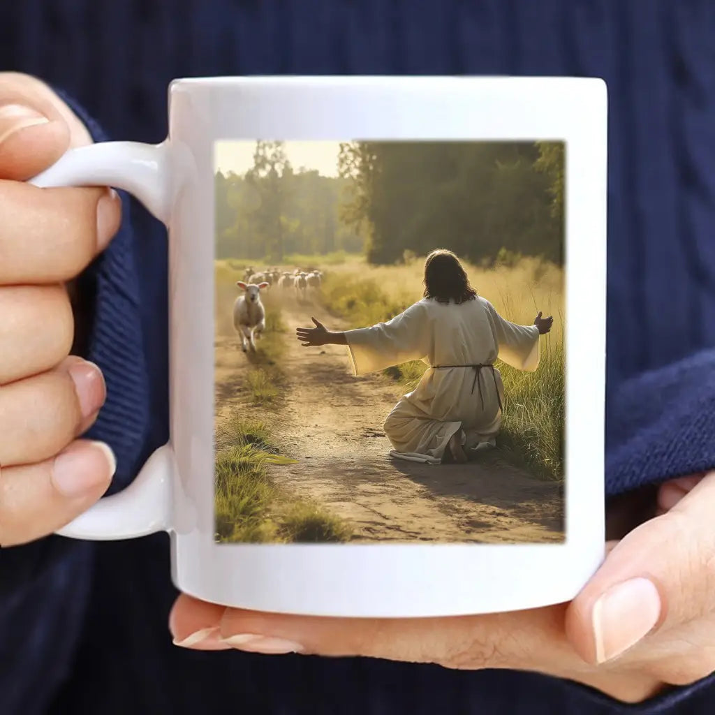 Inspirational mug showing a lamb running to Jesus, perfect for Christian gifts and decor. White / 11 oz
