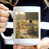 Christian coffee mug with a lamb running to Jesus design, a thoughtful and faith-based gift. White / 15 oz