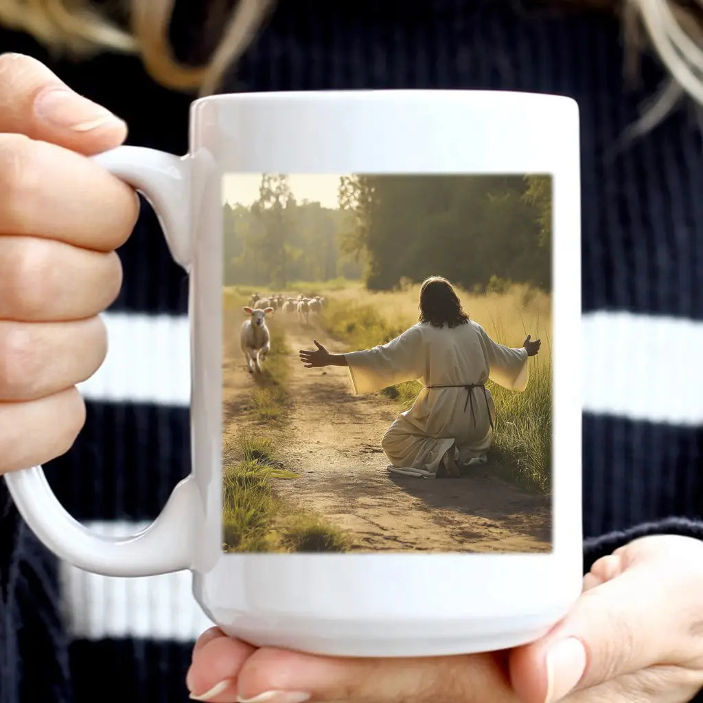 Christian coffee mug with a lamb running to Jesus design, a thoughtful and faith-based gift. White / 15 oz