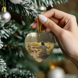 Christian ornament with a lamb running to Jesus, ideal for scripture-inspired holiday decor.