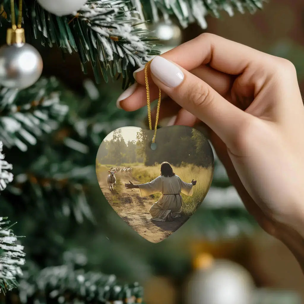 Christian ornament with a lamb running to Jesus, ideal for scripture-inspired holiday decor.