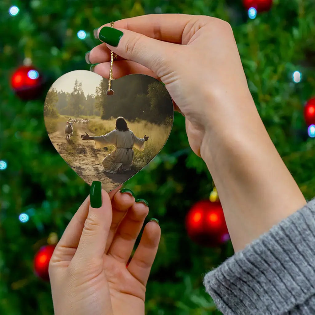 Faith-filled Christmas ornament of Jesus with the lost sheep, a heartwarming Christian gift.