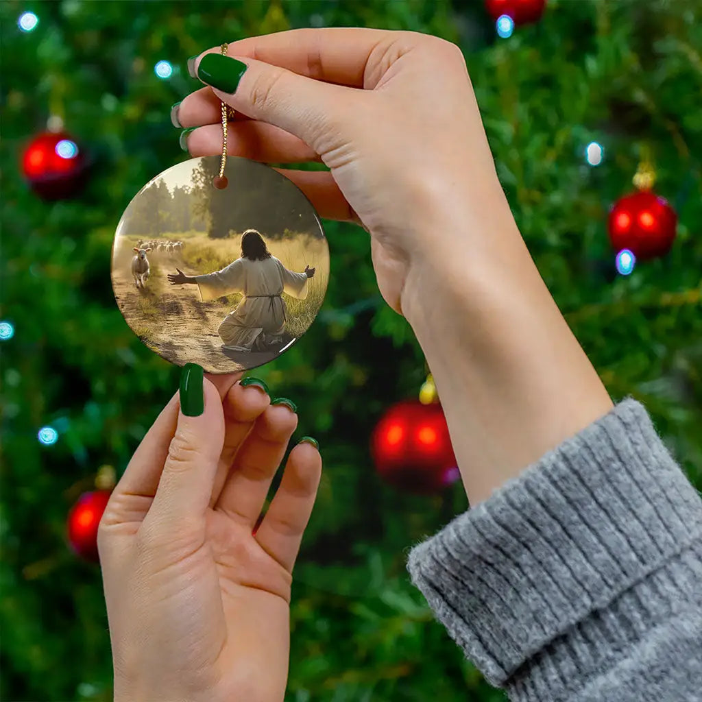 Faith-based ornament with a lamb running to Jesus, perfect for inspirational holiday decor.