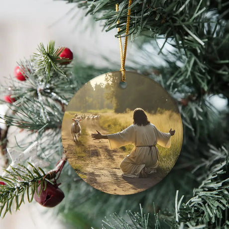 Jesus and the lost sheep ornament, a meaningful Christian decoration for Christmas celebrations.
