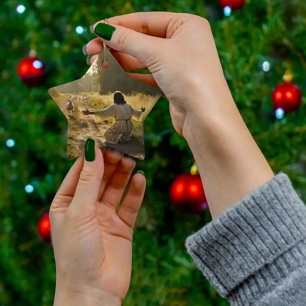 Inspirational ornament of a lamb running to Jesus, perfect for faith-filled Christmas decor.