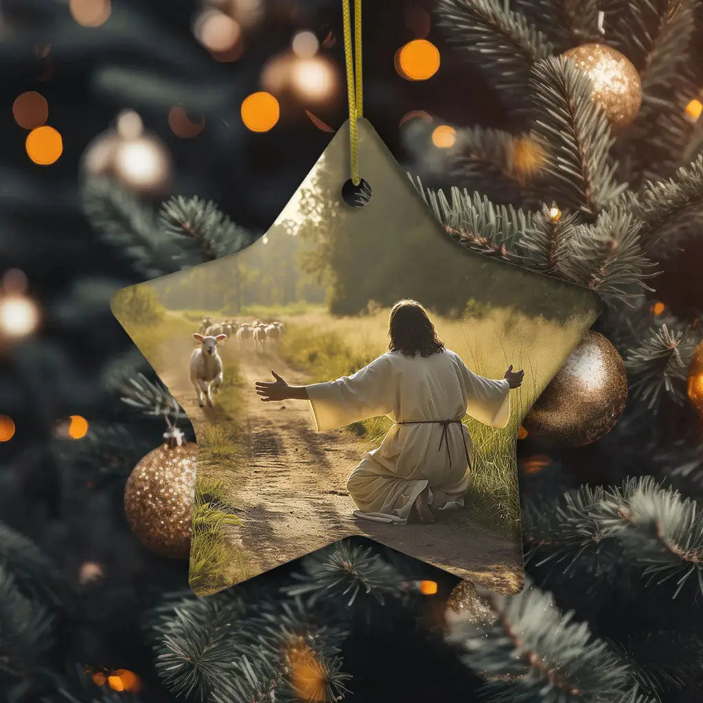Christian Christmas ornament with Jesus and the lost sheep, a reminder of God’s love.