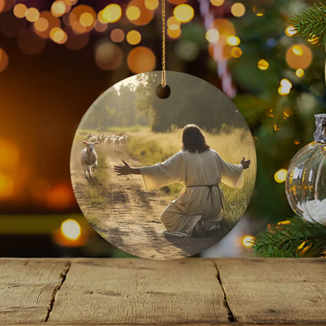 Christian Christmas ornament of a lamb running to Jesus, inspired by the lost sheep parable / Circle.