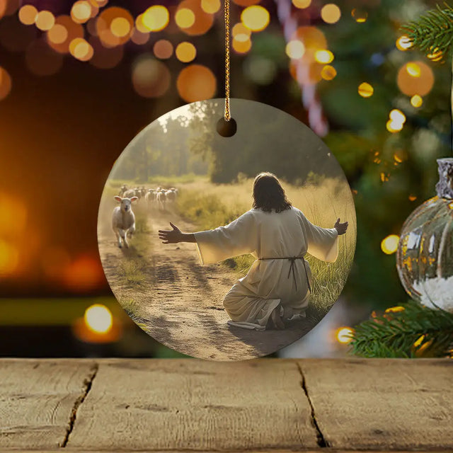 Christian Christmas ornament of a lamb running to Jesus, inspired by the lost sheep parable / Circle.