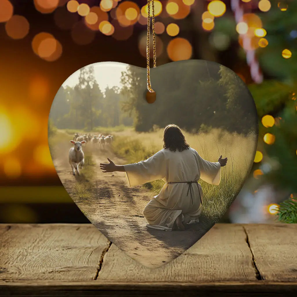 Inspirational Christmas ornament featuring a lamb running to Jesus, symbolizing love and faith / Heart.