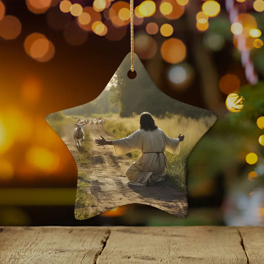 Jesus and the lost sheep ornament, a touching Christian gift and decoration for Christmas / Star.