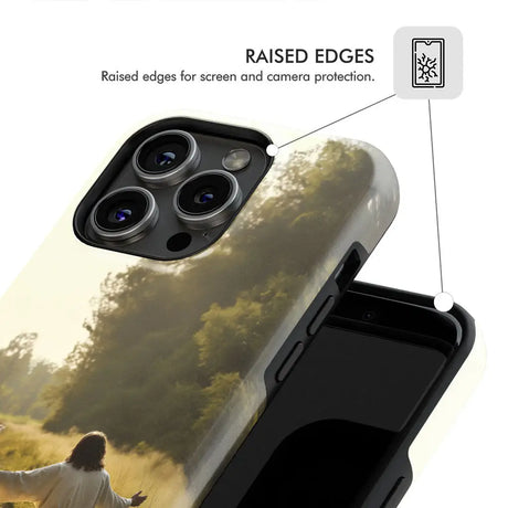 Scripture-inspired phone case with a lamb running to Jesus, perfect for those who cherish their faith.