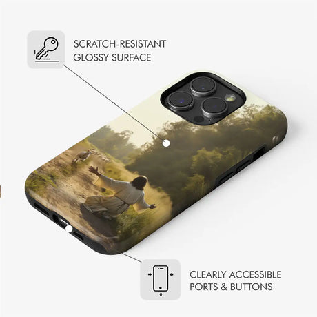 Faith-based phone case showcasing a lamb running to Jesus, a powerful reminder of God’s love.
