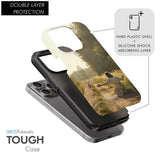 Inspirational Bible verse phone case with a lamb running toward Jesus, symbolizing faith and trust.