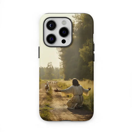 Christian phone case featuring a lamb running to Jesus, a faith-based inspirational design.