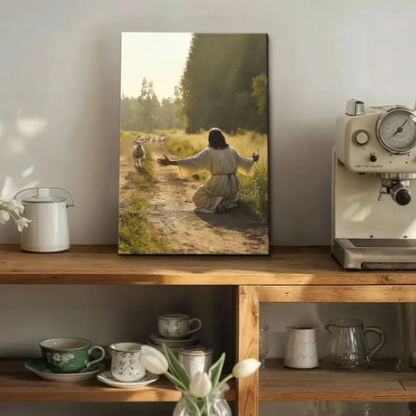 Jesus and lamb canvas print, Luke 15 lost sheep parable, Christian wall art for home or encouragement.