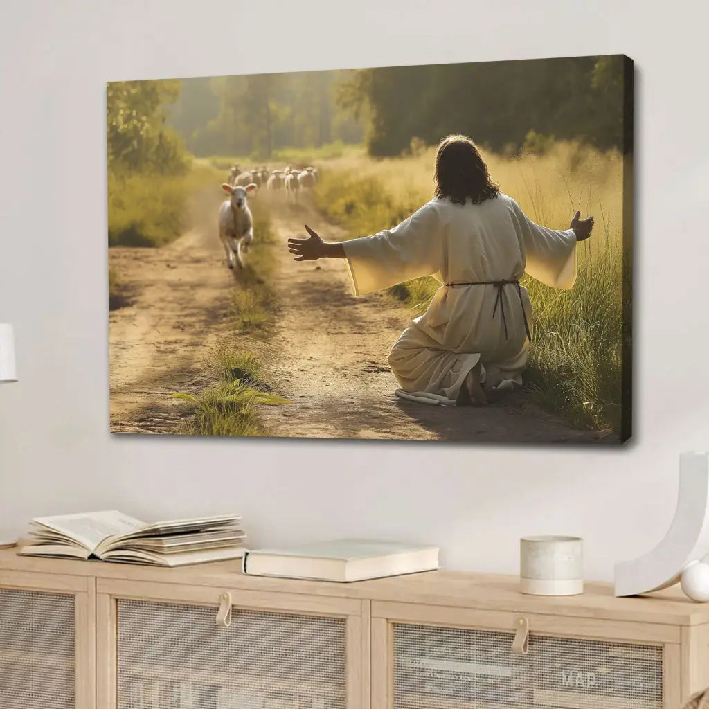 Luke 15 lost sheep Christian canvas, Jesus welcoming lamb, perfect gift of comfort and encouragement.