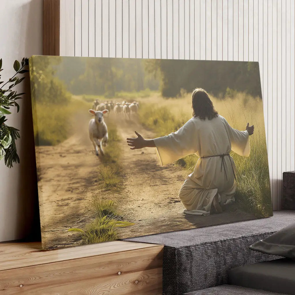 Lamb Runs to Jesus canvas, Christian artwork inspired by lost sheep parable, gift of hope and faith.