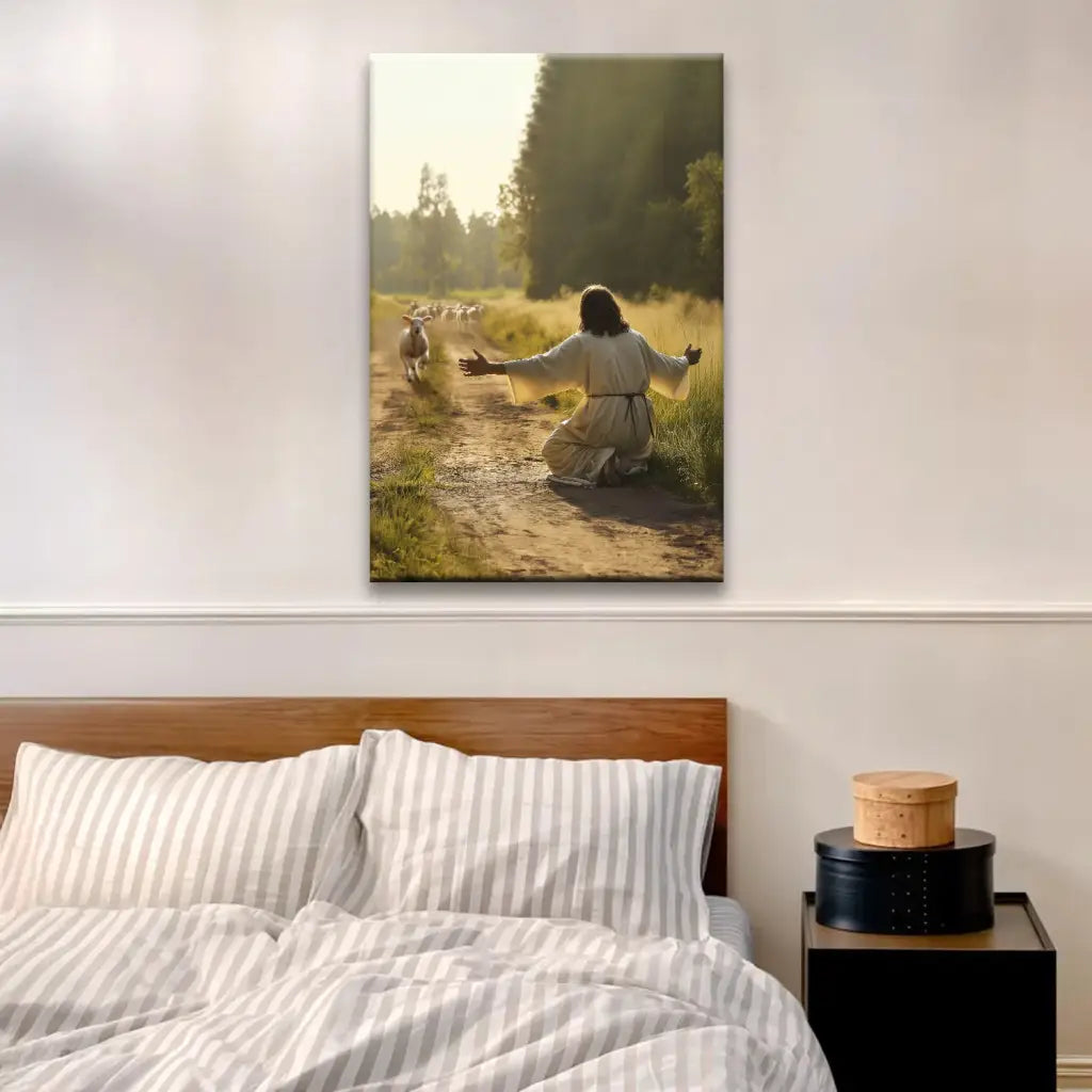 Inspirational Christian décor with lamb and Jesus, faith-based reminder of grace and redemption.