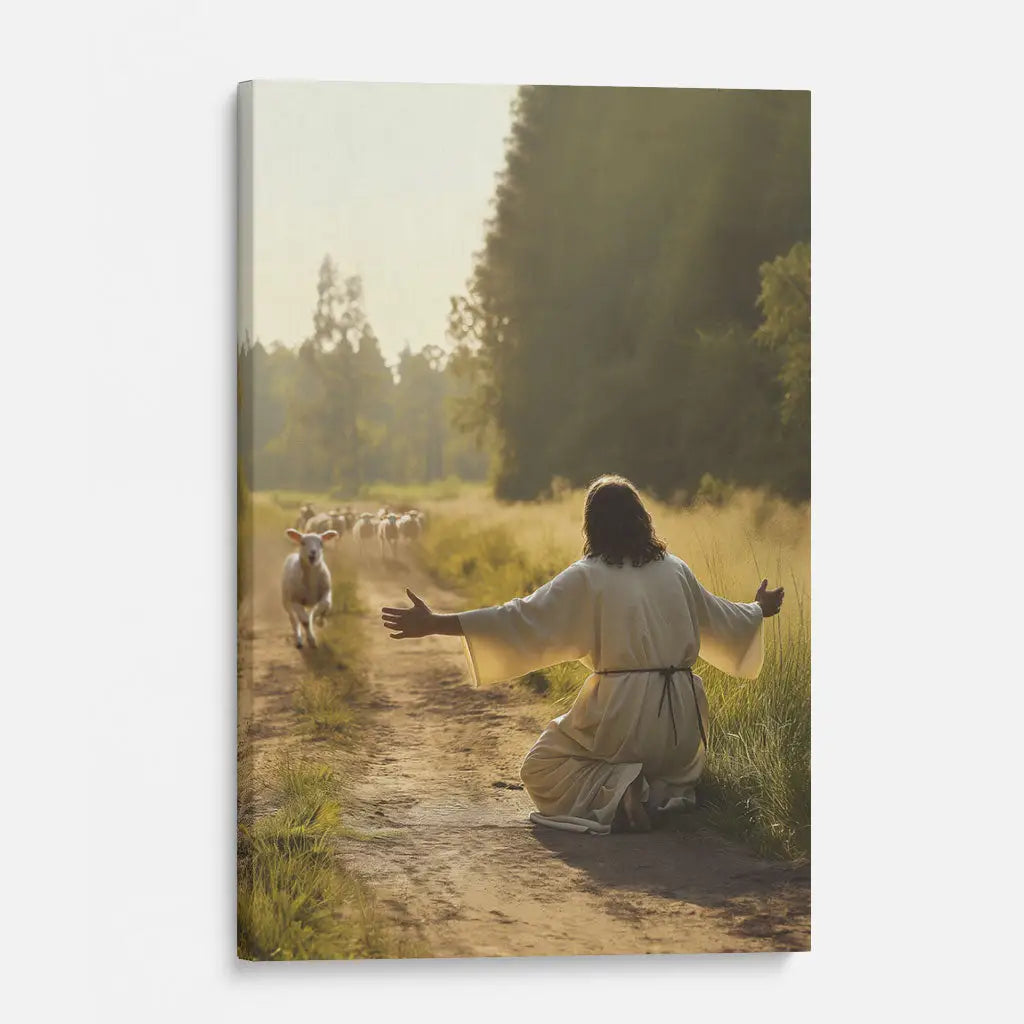 Faith-based gift with lamb running to Jesus, Christian artwork with scripture for hope and healing.