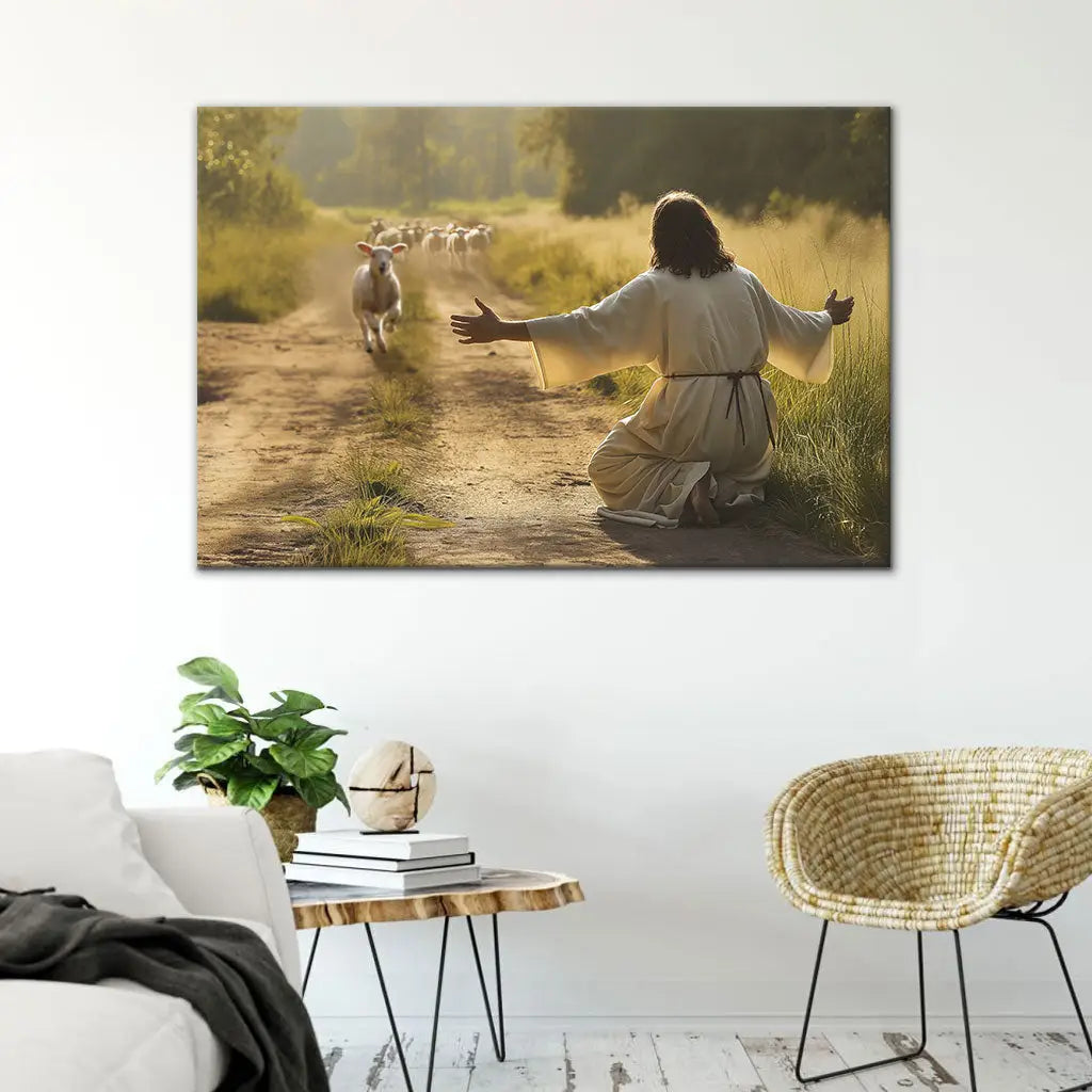Christian wall art of lamb running to Jesus, faith-based canvas with Bible verse from Luke 15:3–7.
