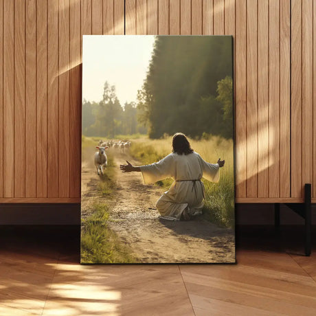 Lost sheep returns to Jesus wall art, Christian gift with Bible verse for new believers or pastors.