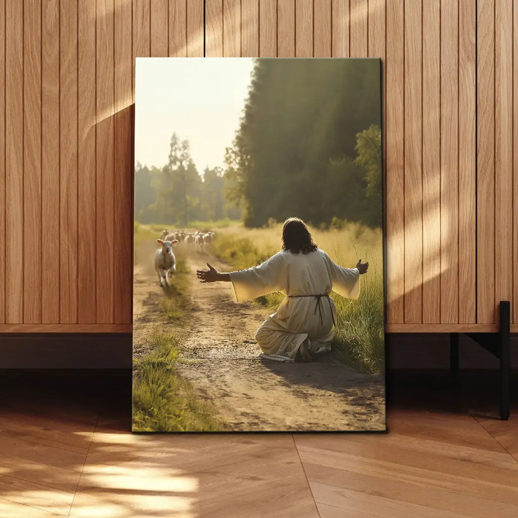 Lost sheep returns to Jesus wall art, Christian gift with Bible verse for new believers or pastors.