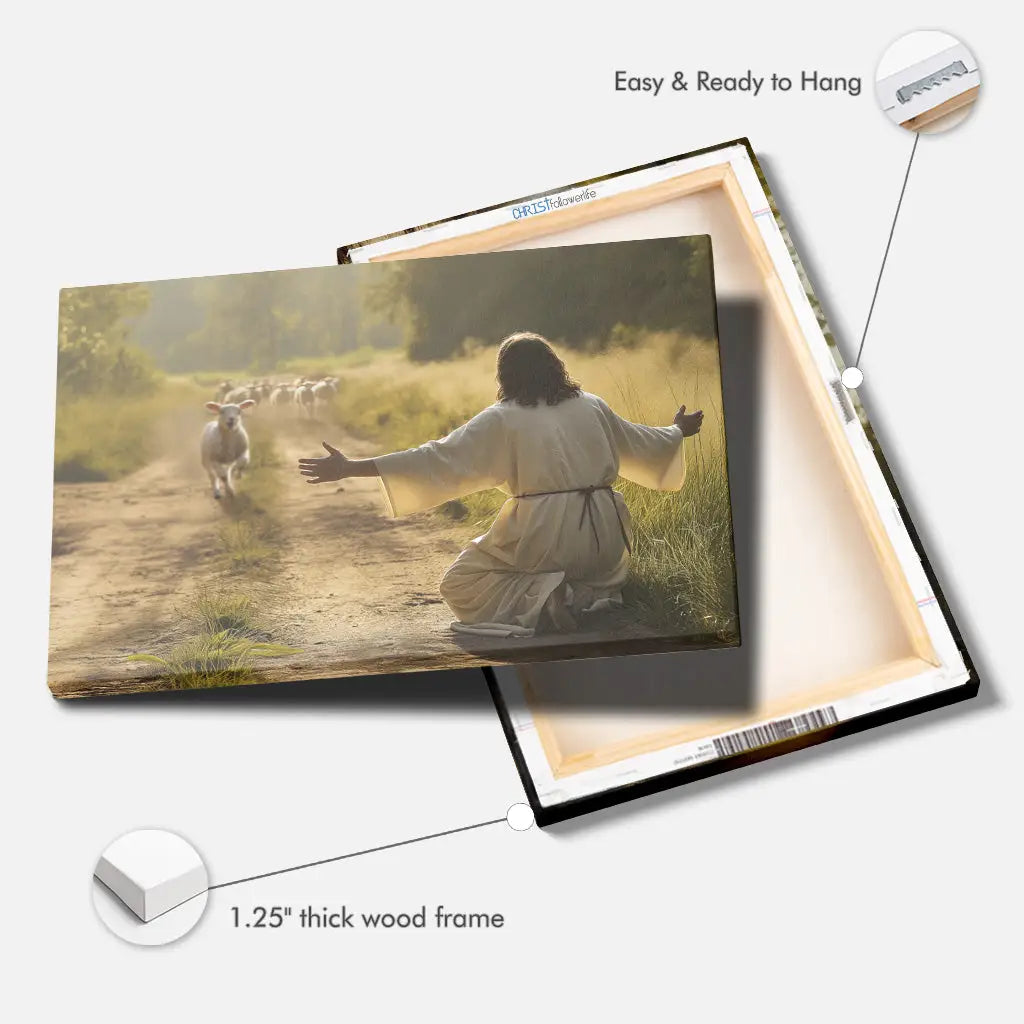 Faith-based artwork of lamb returning to Jesus, Bible verse wall art for believers and loved ones.